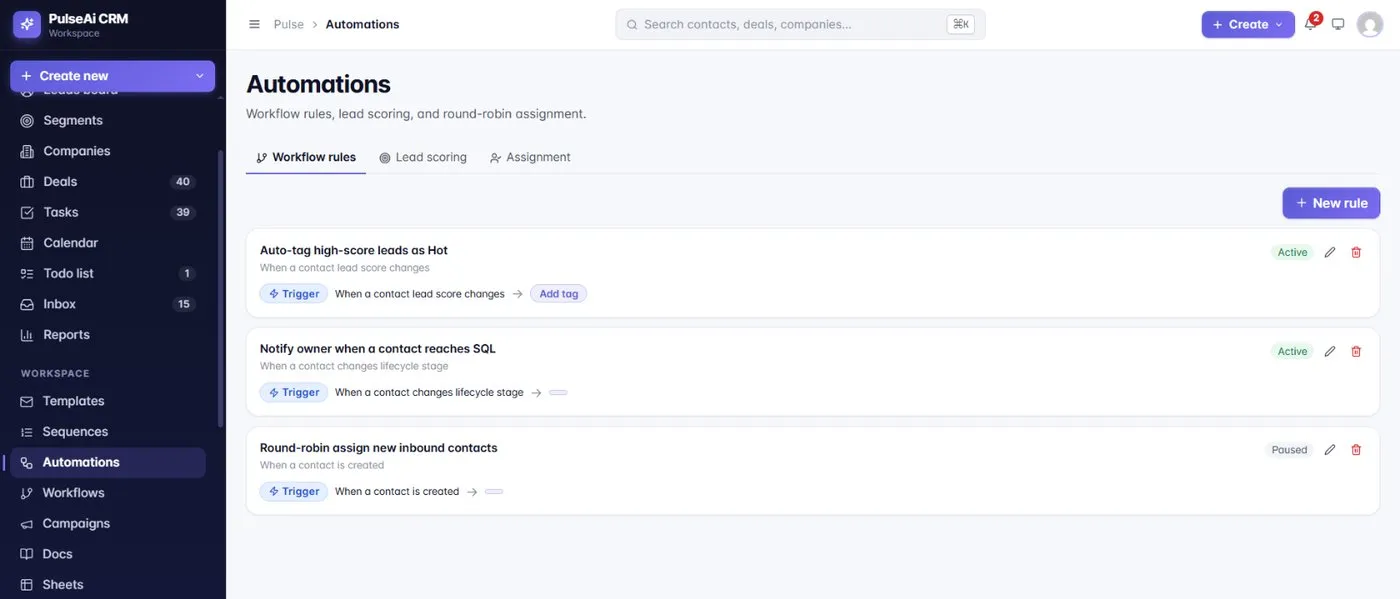 PulseAi CRM: Workflow rules: plain language becomes trigger, condition and action rules