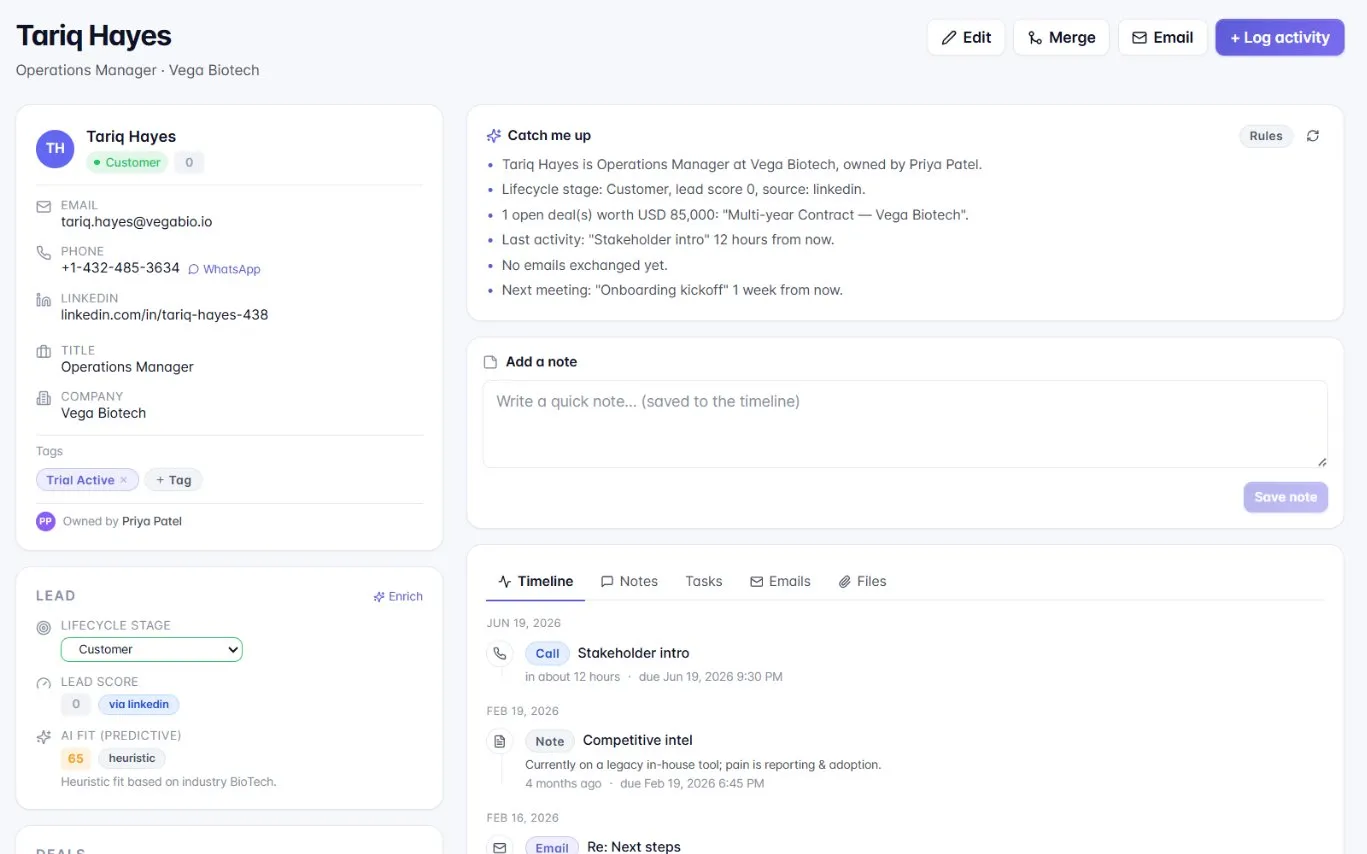 PulseAi CRM: "Catch me up" on a contact, with the predicted fit and its heuristic fallback