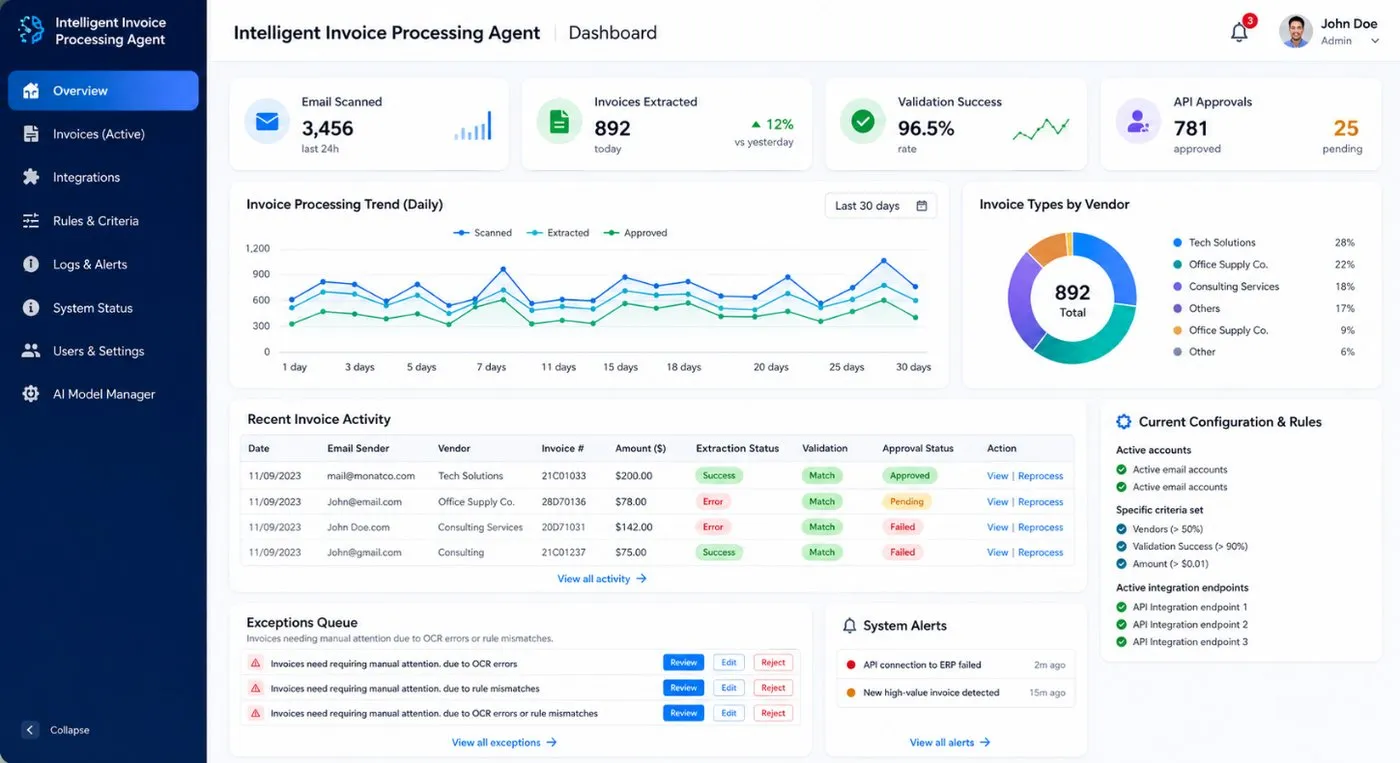 Invoice Agent: dashboard screen with demo data