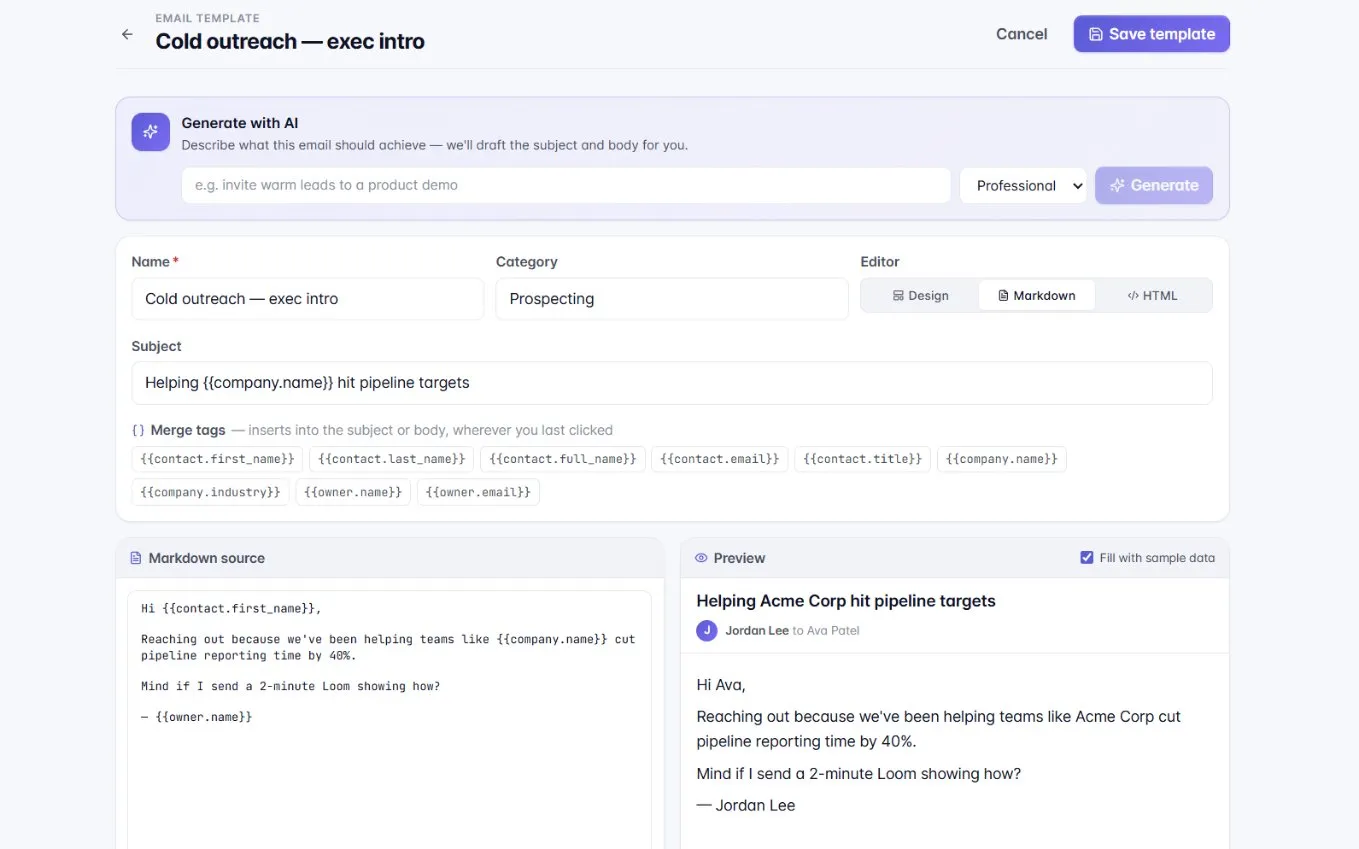 PulseAi CRM: An email template drafted from a plain-language purpose, with merge tags and a preview