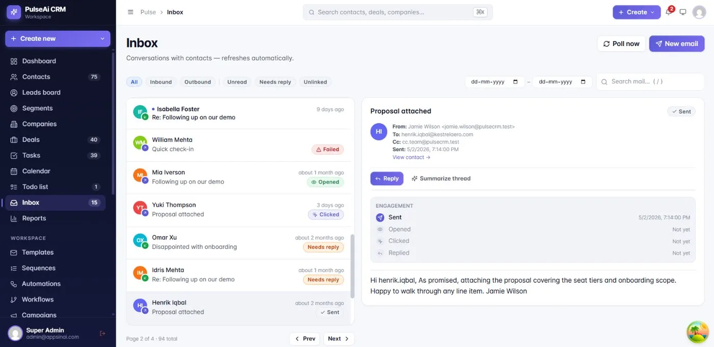 PulseAi CRM: Inbox triage: needs-reply classification and thread summaries